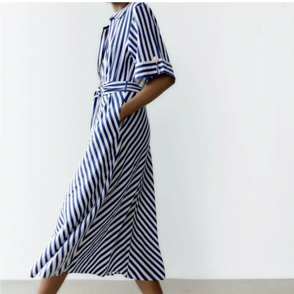 Zara Navy and White Striped Midi Dress - Picture 5 of 9